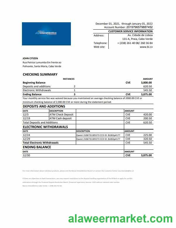 Cabo Verde Banco Inter-Atlantico bank statement Excel and PDF template (AutoSum)